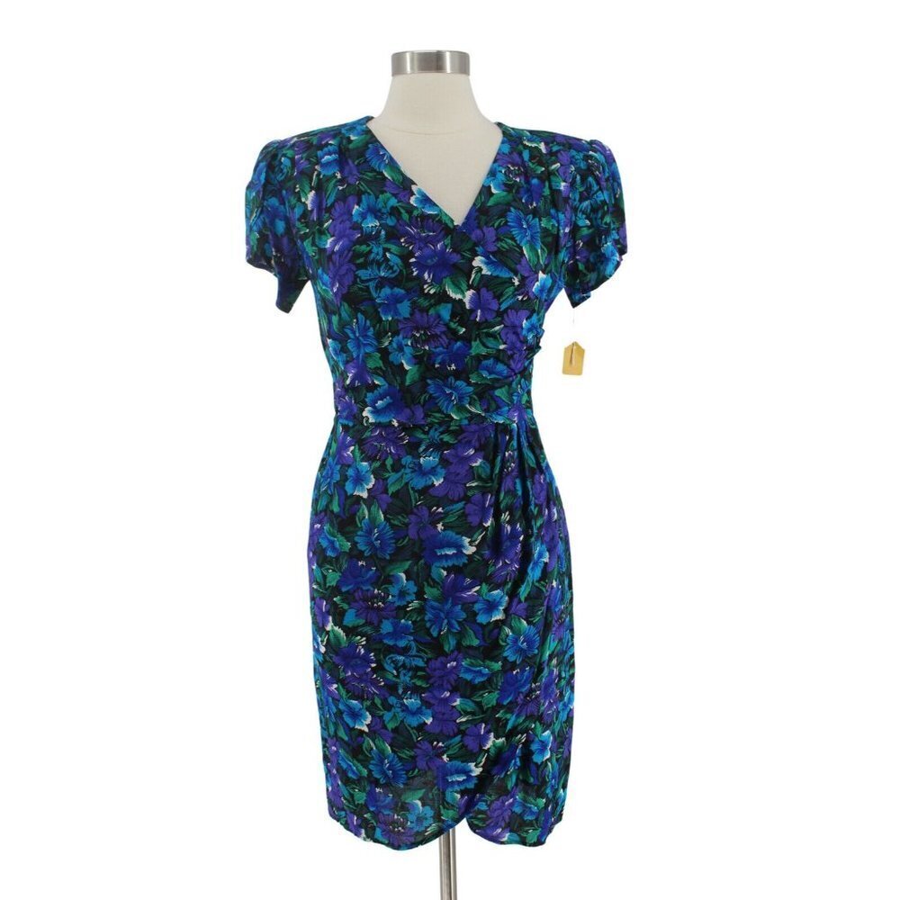 Vintage 80s Michelle Stuart Blue Purple Floral Rayon Wrap Dress Size S Deadstock